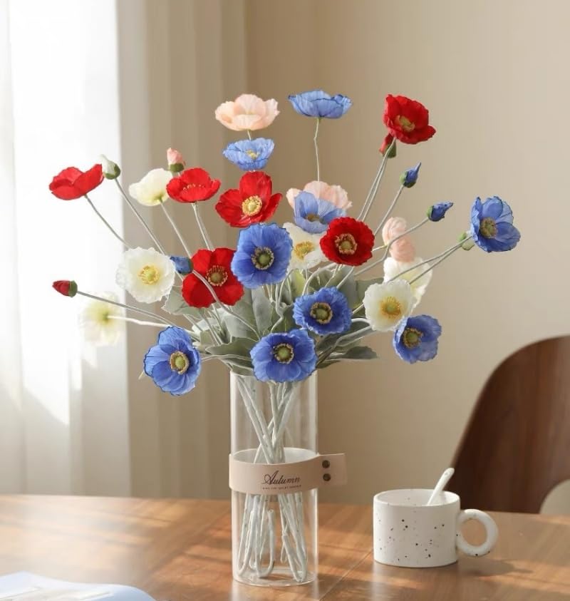 3 Pieces Red Poppies Flowers Artificial,23"Ranunculus Artificial Flowers,Silk Flowers with Stems,Faux Flower Stems for Wedding,Party,Garden Outdoor Indoor Decor Flower Arrangements for Table (Red) - color: Red
