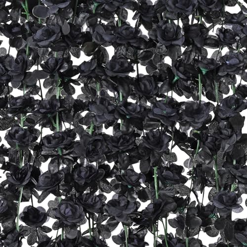 BLEUM CADE 12Pcs 98.4Ft Flower Garland Artificial Rose Vines for Bedroom, Cute Fake Hanging Flower Vines Floral Garland Decorations for Halloween Wedding Party Wall Room Decor Aesthetic - color: Black, size: 12 Pcs