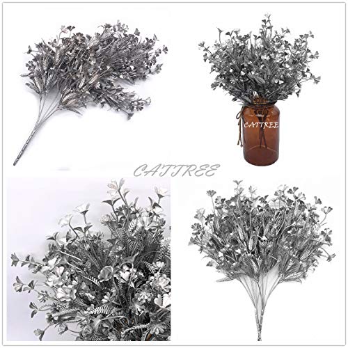 Artificial Plants, CATTREE Plastic Grass Faux Shrubs Fake Leaves for Christmas Flowers Bushes Home Indoor Outdoor Garden Wedding Festival Decoration Hall Table Planter DIY Flower Filler – Silver 4 Pcs - color: Silver Flowers - 4pcs