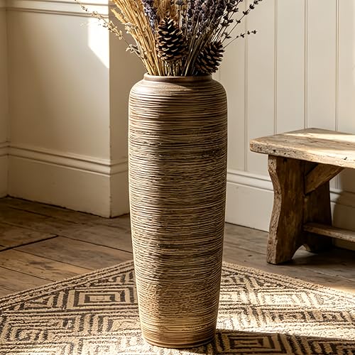 19.7 Inch Rustic Ceramic Large Floor Vase, Ribbed Textured Rustic Farmhouse Vase for Pampas Grass, Living Room & Entryway Décor, Handmade Ceramic Accent - size: 19.7 Inch