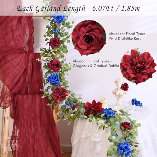 Waipfaru 2Pcs Flower Garland, 6Ft Eucalyptus Greenery Garland, Rose Floral Vines for Wedding Table Runner Centerpieces Backdrop Decor (Red Blue) - color: Red Blue-6.07ft, size: 2 Pack