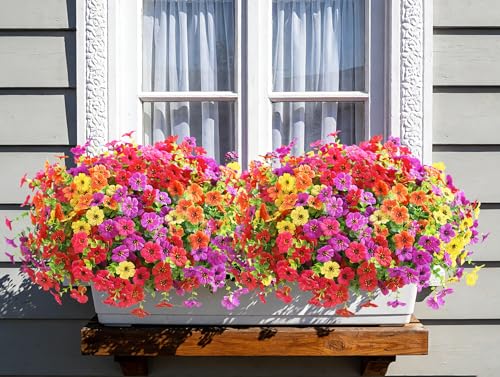 Artificial Flowers for Outdoors, Fake Faux Plants Outside Realistic Spring Summer Decor, UV Resistant Silk Flowers for Home Porch Garden (12, Purple Red Yellow Orange Hot Pink) - color: Purple Red Yellow Orange Hot Pink