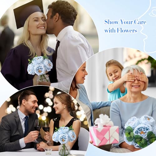Norme Real to Touch Penoies Artificial Flowers, 6 Pcs Faux Austin Rose in Vase with Big Bloom and Fake Water Real Latex Petals for Wedding Dining Table Centerpiece Home Decor(Light Blue) - color: Light Blue