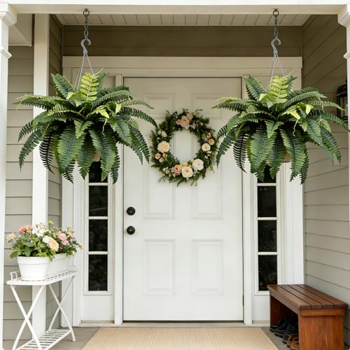 2PCS Full & Lifelike Artificial Boston Ferns, 30" UV Resistant Fake Fern Plants for Outdoors, 46 Fronds Each (92 Total) Faux Fern for Hanging Planters, Porch, Patio Poolside Indoor Outside Decor - size: 30INCH(2PACK)