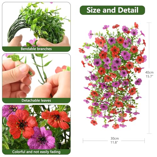 Homsunny Artificial Fake Hanging Flowers Plants for Outdoors 2 PCS Faux Silk Flower Outside UV Resistant No Fade Realistic Home Decor for Porch Patio Balcony Window Box Summer Decoration(Red Purple) - color: Red Purple