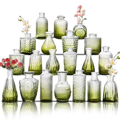 Glass Bud Vase Set of 20, Small Flower Vases, Glass Vases for Centerpieces, Vintage Home Table Decorations Bud Vases (20 Pcs, Green) - color: Green, size: 20 Pcs
