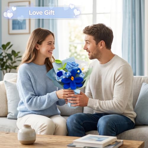 Crochet Flower Bouquet, Blue Handmade Knitted Flowers, Crochet Tulip Flowers with Card Gift for Lover Boyfriend Friends Valentines Day Anniversary Birthday Father's Day Graduation Wedding Home Decor - color: Blue Flowers