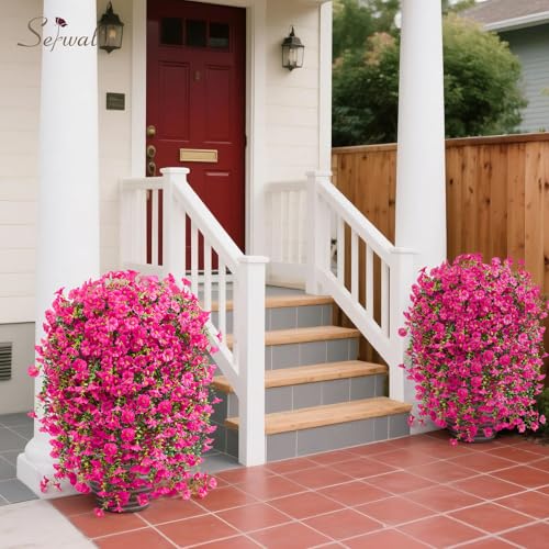 Serwalin Artificial Hanging Flowers for Outdoors Decoration, 4PCS UV Realistic Resistant Silk Artificial Fake Plants Outdoor for Porch Patio Balcony Planter Garden Yard Decor (Hot Pink,4PCS) - color: Hot Pink