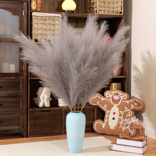Premium Faux Grey Pampas Grass – 43.3" Tall Fluffy Neutral Decor, 8pcs 18-Branch One-Piece Stems No Assembly, Luxury Silk-Feel Feather Flowers for Modern Minimalist Scandinavian Decor,8 Stems110cm - color: Faux Grey, size: 8pcs 43.3"(110cm)