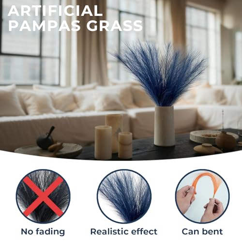 40pcs Blue Artificial Pampas Grass 21.6" Faux Dried Flowers Pompas Grass Bouquet Flower Arrangement and Vase Filler for Gothic Room Decoration Wedding Party Boho Home Decor - color: Blue
