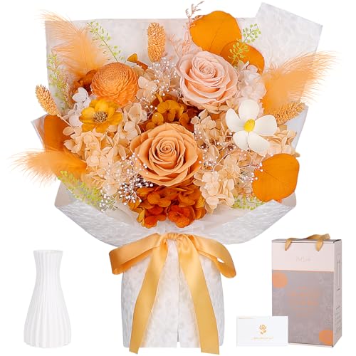 Preserved Flowers Bouquet - Forever Flowers for Delivery, Eternal Roses Bouquet That Last 3 Years, Mothers Day Gifts for Mom Grandma Wife, Anniversary Birthday Gifts for Women, Light Orange - color: Light Orange