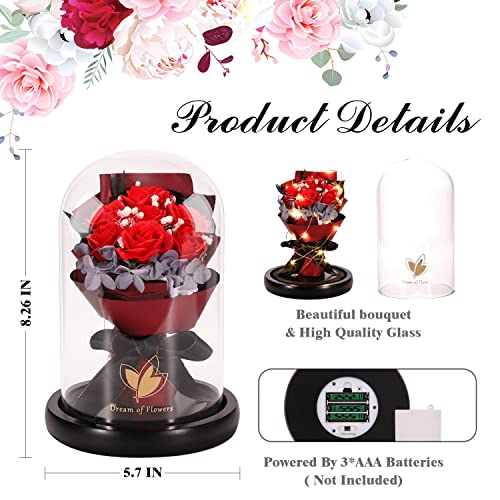 Dream of Flowers Eternal Beauty and the Beast Rose Bouquet - Mothers Day Rose Gifts for Mom, Grandma | Glass Dome Rose with 2 Light Modes, Sentimental Floral Gift, Birthday Gifts for Women - color: Classic Red Rose