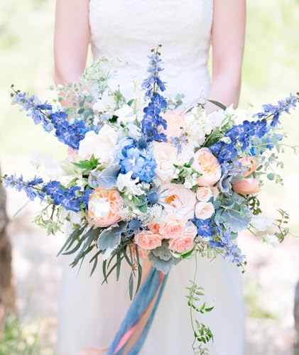 6Pcs Blue Delphinium Artificial Flowers 37.4’’ Faux Silk Larkspur Flowers Long Stem Artificial Flowers for Tall Vase Table Home Wedding Party Garden Decor(Blue) - color: Blue