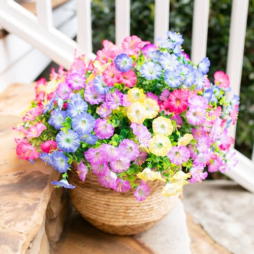HyeFlora Artificial Flowers for Outdoors Fake Plants Outside Decoration, 12 Bundles Silk Colorful Morning Glory with Eucalyptus UV Resistant Realistic Faux Flowers for Planter Porch Patio Yard Indoor - color: Multi Color(3 Gradient Pink, 3 Gradient Purple