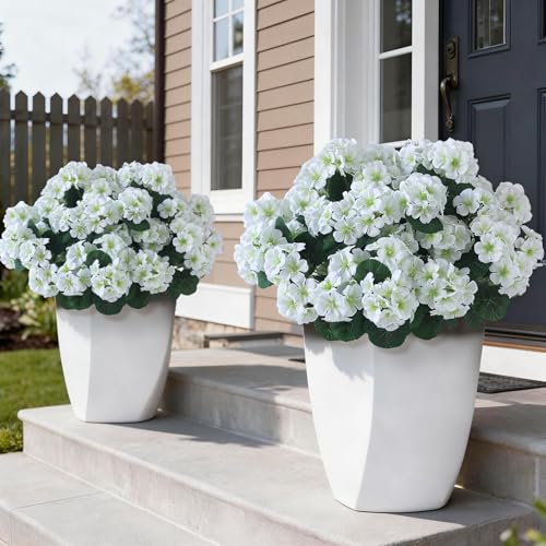 GLIDLION 12 Bundles Artificial Geranium Flowers for Spring Summer Decor, UV-Resistant Fake Plants Realistic Faux Silk Bouquets for Front Door Farmhouse Garden Porch Home Outdoor Decor (White) - color: White
