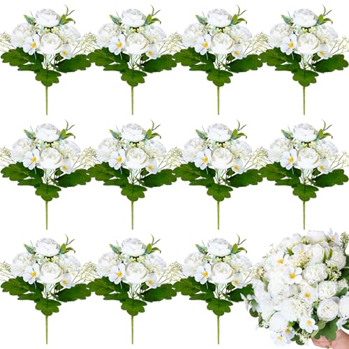 Olgaa 12 Bundles Peonies Artificial Flowers Fake Hydrangea Silk Peony Bouquet Bulk for Vase Floral Arrangements Wedding Arch Decor Centerpiece Table Decorations (White) - color: White