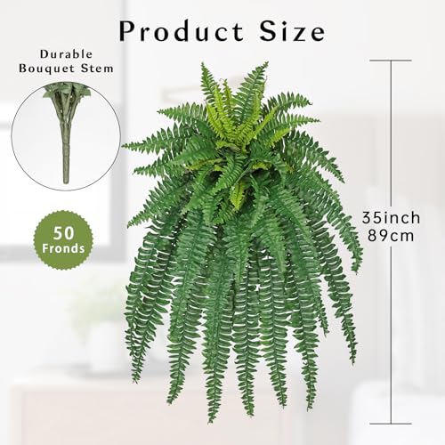 GnFlus Artificial Boston Fern 35 Inch Faux Fern with 50 Fronds, Realistic Ferns Artificial Plants Large Silk Fern Bush for Outdoor Indoor Hanging Planter, Porch Patio Home Farmhouse Garden Decor - size: 50 fronds