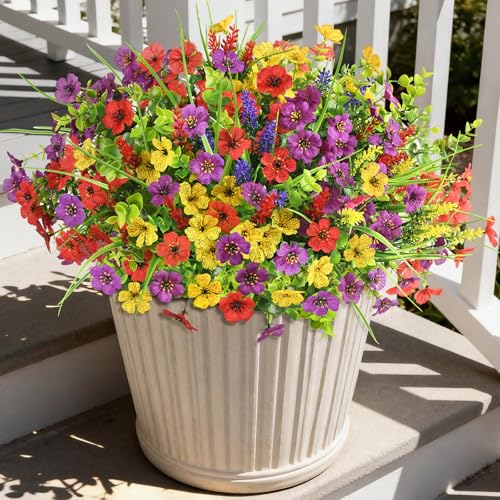 Hommyea Artificial Flowers for Outdoors, 14 Bundles Multicolor Silk Fake Flower for Spring Summer Decoration, UV Resistant No Fade Artificial Outdoor Plants for Home Planter Porch Patio Yard Decor - color: Mixd Color With Lavender Grass