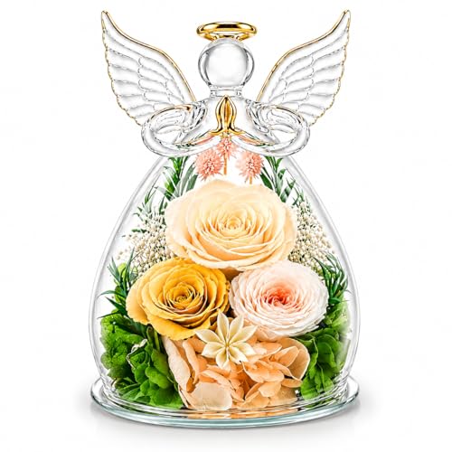 Preserved Rose in Glass Angel Figurine, Mothers Day Gifts for Mom/Wife/Grandma, Forever Flowers Rose Anniversary, Graduation or Birthday Gifts for Women Her - color: Champagne