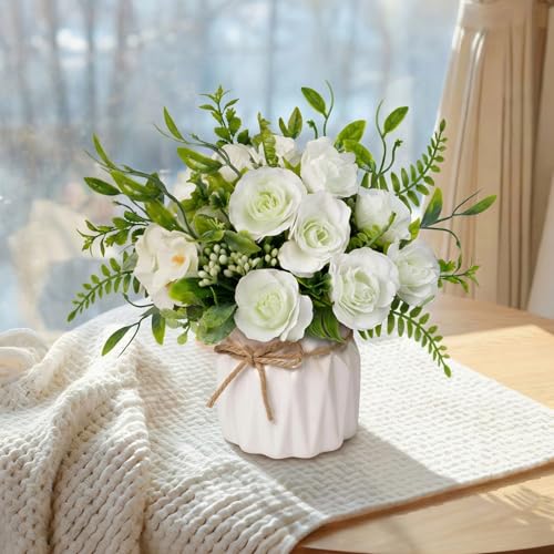 White Artificial Silk Roses with Ceramic Vase, No Maintenance Faux Flower Arrangement, 6.3 Inch Realistic Table Decor for Home Office Wedding - color: White