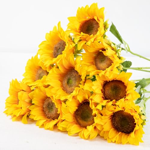 Sunflowers Artificial Flowers with Golden Yellow Long Stem Artificial Flower 10 Pcs for Home Decoration,Spring Easter Flowers,Wedding Arrangement(Golden Yellow)