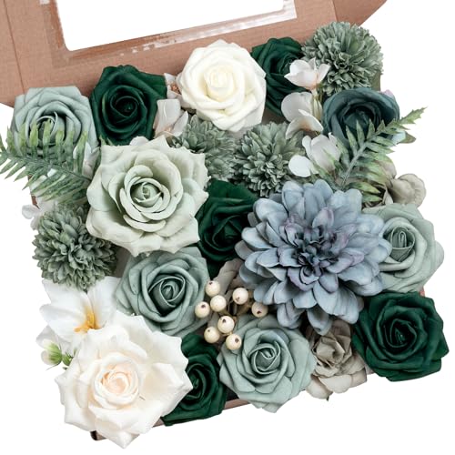 Green Flowers Artificial Roses Combo Set Fake Green Silk Flowers Faux Flowers Mix Dahlia Chrysanthemum with Stems for Wedding Bouquets Baby Bridal Shower Party St Patrick’s Day Decor - color: Green, size: The Modern Classic