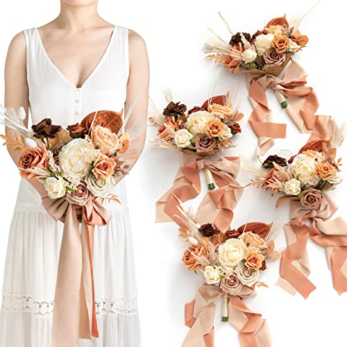 Ling's moment Artificial Bridesmaid Bouquets Set of 4,Brown Wedding Flower Bouquets Terracotta Floral Bouquet Rust Bridal Bouquets with Ribbon,Ceremony,Anniversary,7-inch Diameter - color: Or-rust Boho & Terracotta