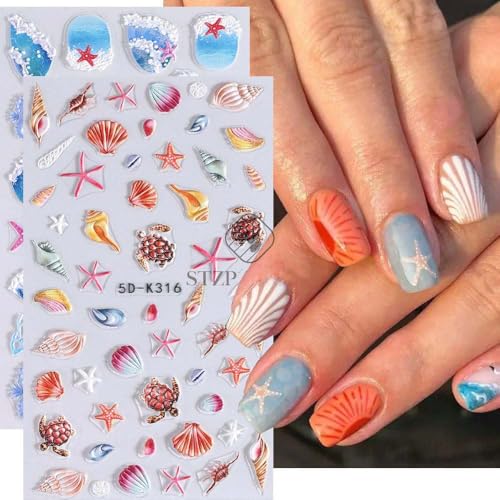 Summer Ocean Nail Decals 5D Embossed Nail Art Sticker 2PCS Beach Sea Shell Starfish Turtle Ocean Sliders Holiday Nail Stickers DIY Charms Decorations Self Adhesive Manicure Supplies - style: Style4-Summer Ocean