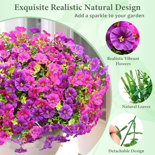Artificial Flowers for Outdoors, 26 Bundles Fake Outdoor Flowers, UV Resistant Artificial Outdoor Plants & Flowers for Decoration, Colorful Morning Glory for Garden Porch Yard Patio, Purple & Fuchsia - color: Purple & Fuchsia, size: 26 Bundles