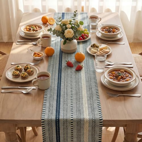Artoid Mode Dark Blue Farmhouse Woven Table Runner, Seasonal Holiday Rustic Kitchen Dining Table Decoration for Home Party Decor 12x72 Inch - color: Dark Blue, size: 12" x 72", Table Runner
