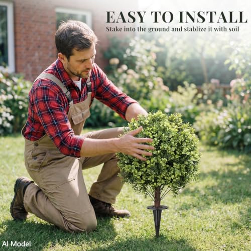 2 Pack 26 Inch Artificial Boxwood Topiary Ball Trees with Ground Spikes, UV Resistant Fake Outdoor Plants for Front Door Porch Patio Garden, Faux Boxwood Shrubs for Entryway Home Decor - color: Boxwood Topiary Ball Trees Bright Green 26