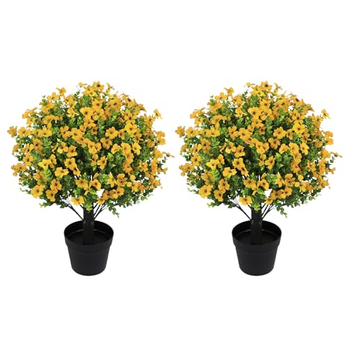 24" Artificial Potted Plants Outdoor Set of 2, UV Resistant Faux Yellow Daisy Mums Flowers with Eucalyptus, Decorative Plants in Pots for Front Porch, Patio & Entryway - color: Yellow, size: 24in Daisy Eucalyptus
