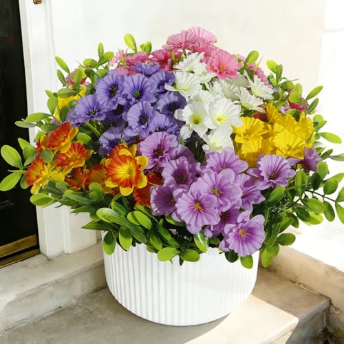 Faux Outdoor Plants UV Resistant, 12pcs Realistic Artificial Flowers, Silk Daffodils Flowers for Outdoor Planters, Colorful Faux Flowers ＆ Plants for Garden Outside Patio Porch Window Home Decor - color: Multi Color（mixed 6 Colors）, size: 12 pcs