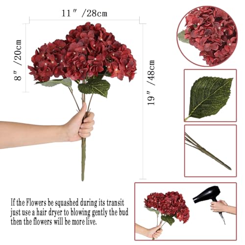 2Bouquets Artificial Fake Flowers Plants Silk Hydrangea Arrangements Wedding Bouquets Decorations Plastic Floral Home Kitchen Garden Party Festival Bar DIY (Dark Red,5 Flower Heads) - color: Dark Red，5 Flower Heads