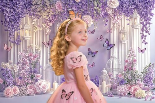 10X8ft Purple Butterfly Floral Backdrop for Photography Butterfly Flowers Theme Girls Party Decorations Background Wedding Birthday Baby Shower Party Cake Table Decor Photo Booth Props - color: Multi, size: 10x8ft