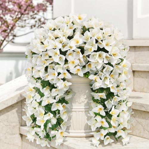 ATTGREAT Artificial Bougainvillea for Outdoors Faux Plants UV Resistant Flowers Fake Plastic Plants Realistic Silk Flowers for Porch Planter Garden Outside Hanging Decoration, 2Pcs (White) - color: White