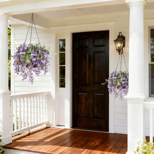 Artificial Hanging Flowers with Basket Plants - Wisteria Hanging Plants for Spring Outdoor Decoration, UV Resistant Fake Flowers Hanging Silk Flowers for Porch Patio Garden Yard Home Decor