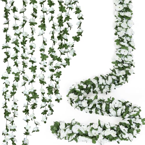 KHOYIME 18 Pack 144 FT Artificial Flower Garland, Fake White Roses Vines Silk Flowers Faux Plastic Outdoor Hanging Floral Ivy Garland Decoration for Wedding Arch Bedroom Home Wall Backdrop Room Decor - color: White, size: 18pcs