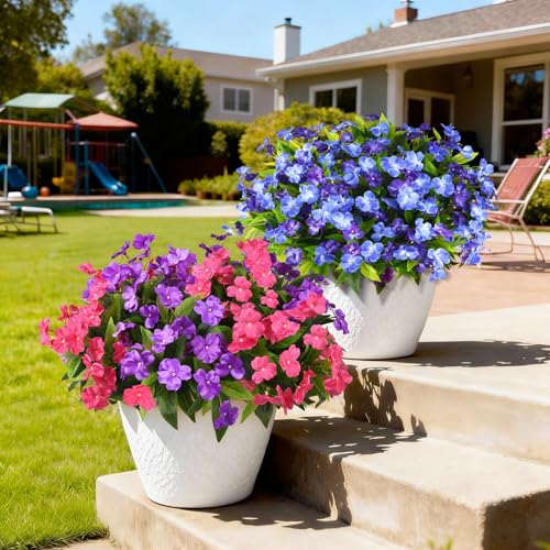 Artificial Impatiens Flowers for Outdoors, 6 Bundles Silk Fake Flowers for Spring Summer Decoration, UV Resistant Faux Plants Plastic Bouquet for Home Planter Porch Patio Yard Decor(Purple Rose Red) - color: Purple,rose Red