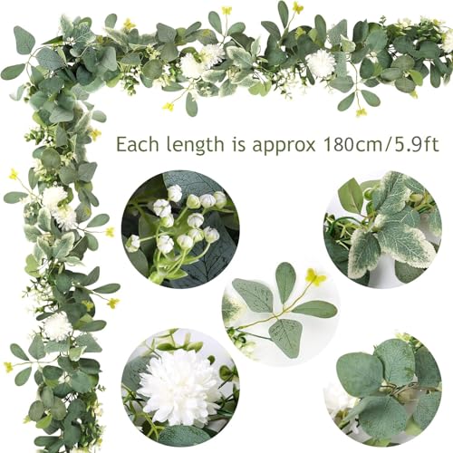 2 Pack Artificial Eucalyptus Garland with Butterfly Chrysanthemum Babys Breath Flowers 5.9Ft Faux Vine Wreath Hanging for Wedding Arch Garden Porch
