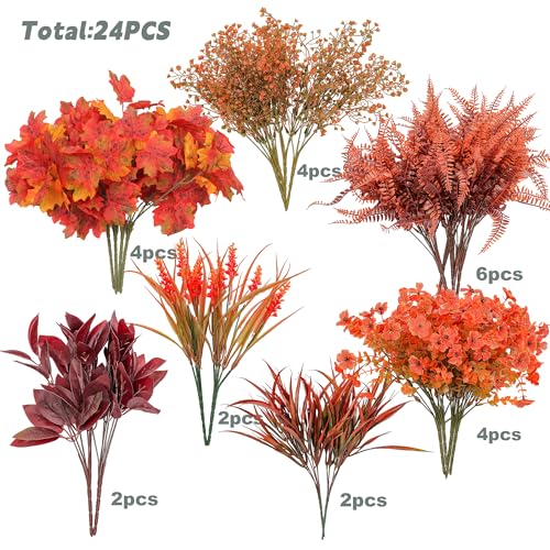 Green Moon 24PCS Artificial Fall Flowers, Faux Maples & Mums for Outdoor | UV Resistant Artificial Flowers for Outdoors Garden Patio Porch, Thanksgiving Autumn Decor Fall Decorations for Home - color: Orange Red Maple