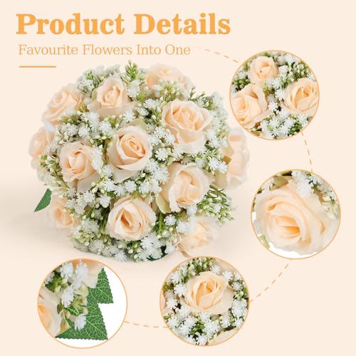 Wedding Bridesmaid Bouquets Set of 4 - 7 Inch Artificial Flower Bouquet for Bridesmaid, Silk Champagne White Rose Fake Small Bouquet Handmade for Wedding Bridal Shower Party Ceremony Anniversary Decor - color: Champagne, size: Set of 4 Bridesmaid Bouquets