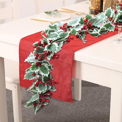 MAKHOT 6Ft Eucalyptus Garland, Green Leaves Wreath Vines Garlands Decorations, Artificial Red Berry Garland for Fireplace Gate Mantle Table Home Party Decor（1PCS）