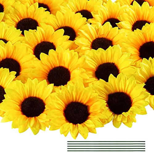 Coferset 40pcs Fake Sunflower Heads with Stems, 4" Sunflower Artificial Silk Flower Heads for Party Baby Shower Wedding Making Handicrafts Home Decor(Yellow) - color: Yellow-40pcs