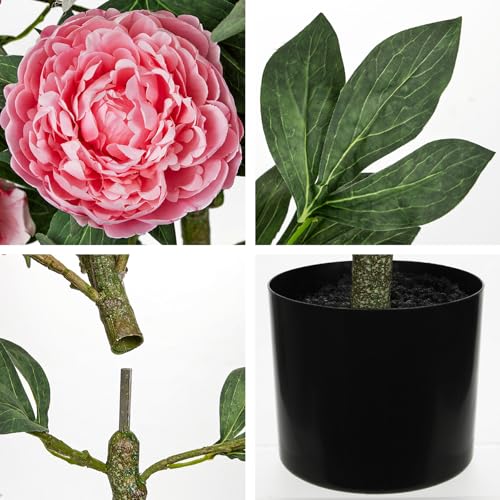 Hollyone Pink Fake Peonies Tree 3FT Peonies Artificial Flowers Tree in Pot Faux Peony Plants & Flowers in Planter Greenery Potted Plant Indoor Outdoor Front Door Porch Home Decor - color: 3ft - Pink