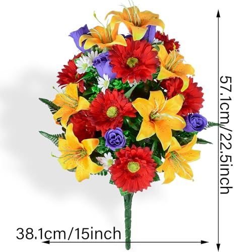 XONOR Artificial Cemetery Flower for Graves, Set of 2 Cemetery Memorial Flowers with Vase for Gravesite Outdoor Headstone Tombstone Decorations, Artificial Lily Rose Gerbera Flowers Bouquets - color: Orange