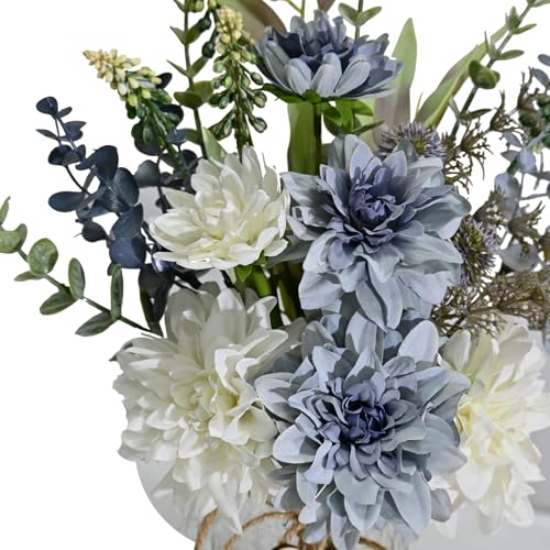 Artificial Flowers with Vase, Faux Dahlia Flower Arrangement in Glass Vase, Blue and White Silk Flowers with Eucalyptus for Home Office Kitchen Dining Table Centerpiece Decor - color: Blue-green