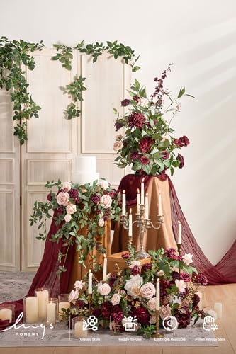 Ling's Moment 41" Tall Fall Free Standing Artificial Flowers Arrangements 2pcs Wedding Arch Altar Stage Decorations Romantic Marsala For Ceremony Reception Rose Floral Party Outdoor Centerpieces Decor - color: Red-marsala & Blush