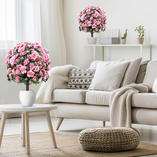 ENVEN Artificial Boxwood Topiary Ball Trees with Ground Spikes UV Resistant Faux Greenery Shrubs Fake Shrubs for Outdoors, Realistic Faux Plants Bushes for Garden Porch Yard Patio Decor (Pink) - color: Pink