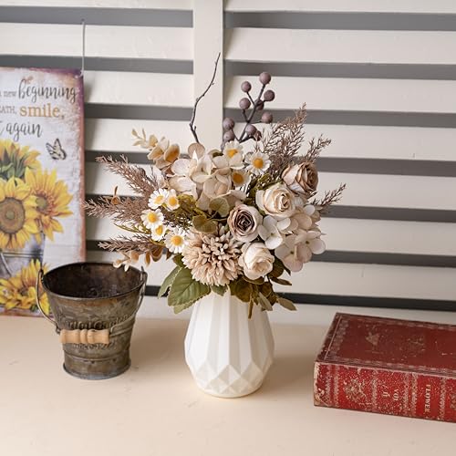 Small Fake Silk Flowers Bouquet with Vase, Faux Centerpieces with Roses, Dandelions, Hydrangea, Daisies, Eucalyptus, Hollyberries - Artificial Floral Arrangements for Home Kitchen Decor - color: Brown With Vase